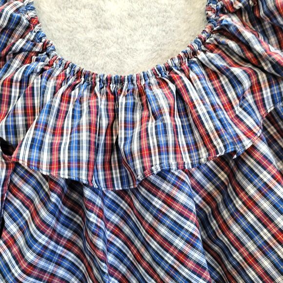 Petersyn Roxie Blouse Ruffle Off-Should Size Small Red Blue White Plaid Milkmaid - Picture 2 of 8